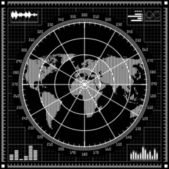 Radar screen.  Black and white vector illustration.