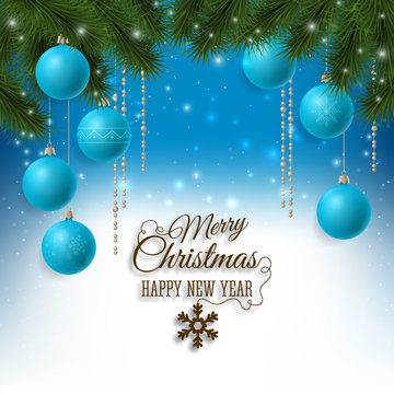 Christmas background with fir tree and baubles decorations