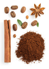 coffee grounds and beans on white