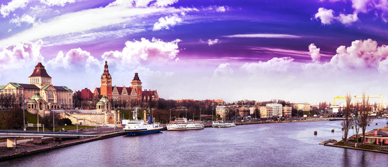 Purple sunset over Szczecin (Stettin) City, Poland.