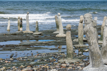 stonework statues leading into the St. Laurence River, Quebec, Canada