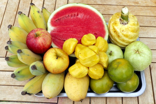 Tropical fruits in a metallic tray