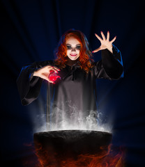 Witch with red potion on blue rays background