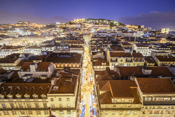 Lisbon, Portugal Skyline over Rua de Santa Justa