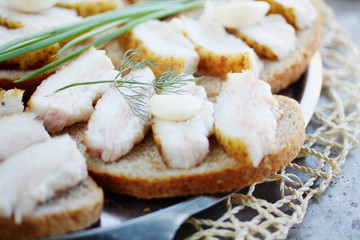 Canapes of Ukrainian lard with garlic