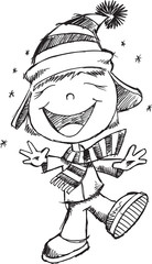 Girl Playing in Snow Sketch Vector Illustration Art