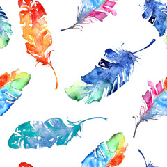 Seamless pattern with watercolor feathers