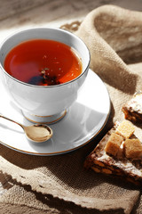 Cup of tea on table, close up