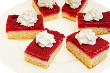 Currant cake with whipped cream on a plate close up