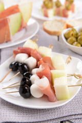 Delicious melon with prosciutto on plate on table close-up