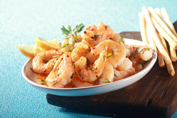 Appetizer of grilled pink prawns or shrimp