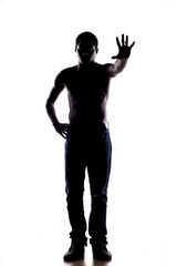 silhouette of African man on a white, showing stop hand