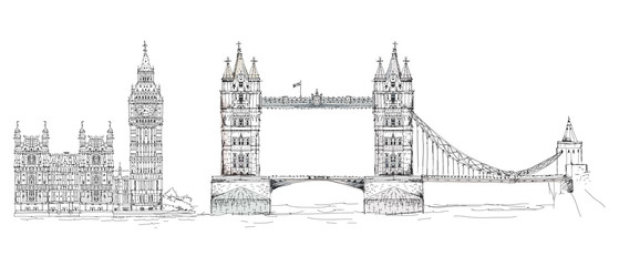 Fototapeta na wymiar Sketch of famous buildings. London, Tower bridge Big Ben
