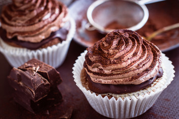 Delicious chocolate cupcake with butter cream and cocoa 