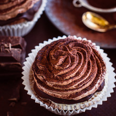 Delicious chocolate cupcake with butter cream and cocoa 
