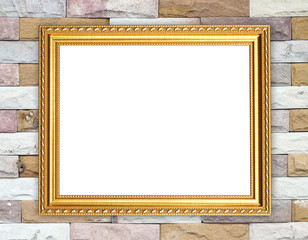 blank golden frame on brick stone wall