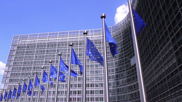 European Flags in front of the European Commission in Brussels.