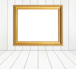 blank golden frame in room with white wood wall and wood floor