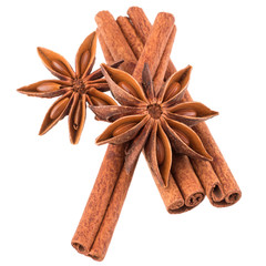 cinnamon stick and star anise spice isolated on white background