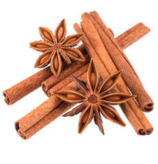 cinnamon stick and star anise spice isolated on white background