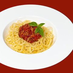 Italian food. Spaghetti Bolognese. Isolated. Selective focus.