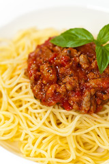 Italian food. Pasta spaghetti with meat tomato sauce