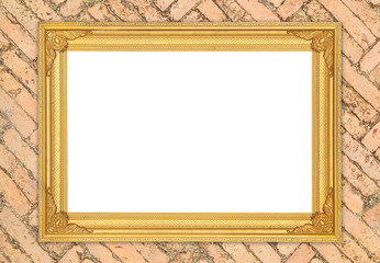 blank golden frame on brick stone wall