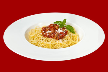 Spaghetti Bolognese on white plate