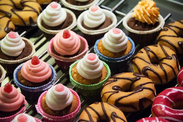 Sweet donuts arranged at display