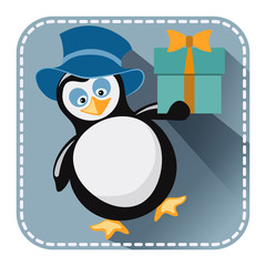 Flat avatar with penguin in blue hat and gift box