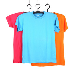 three t-shirt template on hange isolated on white