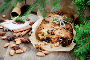 Christmas cake with dried fruits, close-up