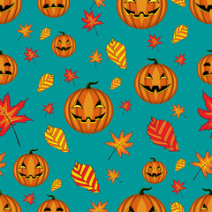 Halloween seamless pattern with pumpkins and autumn leaves