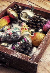 vintage postcard with a box of Christmas toys