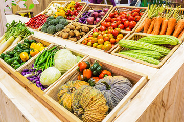 Organic vegetables in a basket on Shelf
