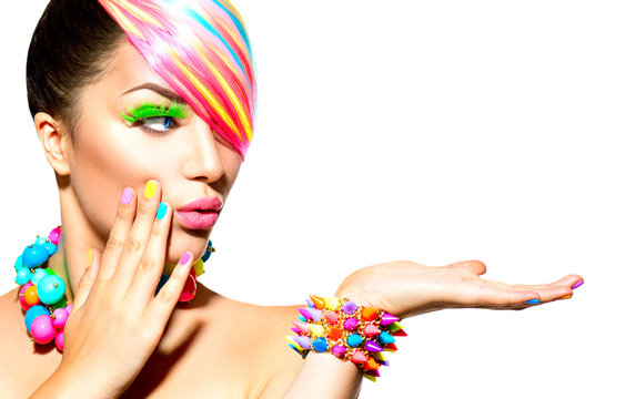 Beauty Woman Portrait with Colorful Makeup, Hair and Accessories