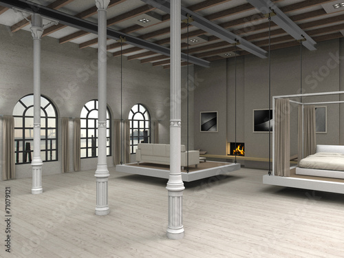 "Loft mit beweglichem Wohnzimmer und Schlafzimmmer" Stockfotos und
