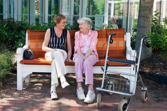 Two elderly friends chatting on a park bench.