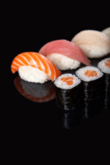sushi rolls and sashimi
