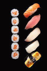 sushi rolls and sashimi