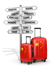 Travel concept. Suitcases and signpost what to visit in China.