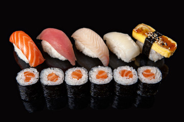 sushi rolls and sashimi