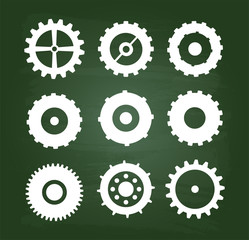 Cog Wheels Icons Set On Green Chalkboard