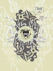 Abstract background with the tribal lions heads and splashes