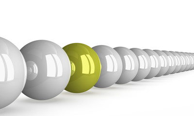 ﻿﻿﻿Yellow ball in row of white ones, perspective