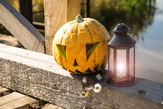 Pumpkin And A Flashlight. Halloween