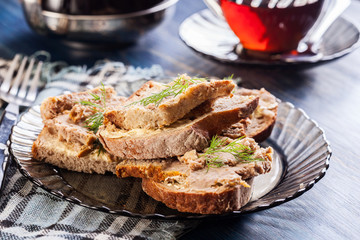 Slices of bread with baked pate