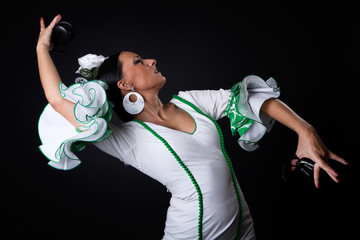 Young flamenco dancer in beautiful dress on black background.