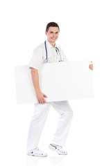 Male doctor walks with an empty banner