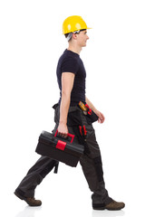 Walking repairman carrying toolbox